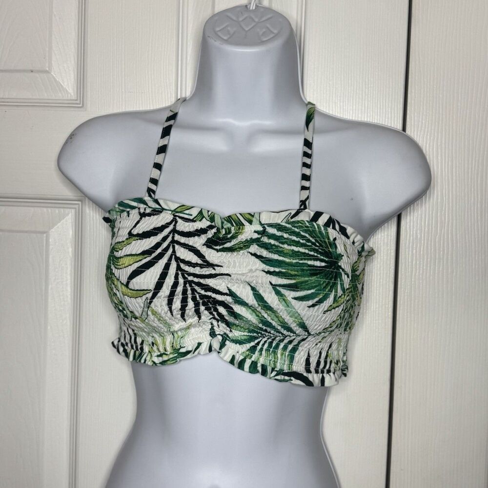 No Boundaries XS Bandeau Top Green Tropical Leaf Smocked